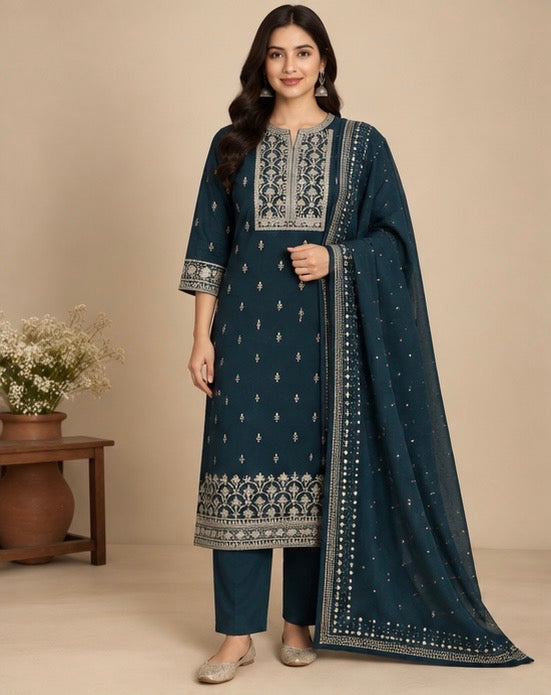 Blue Printed Silk Blend Suit Set for Women
