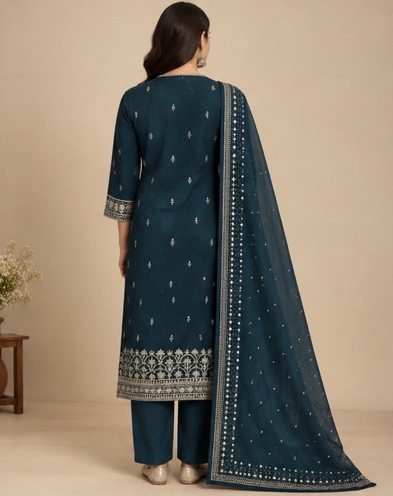 Blue Printed Silk Blend Suit Set for Women