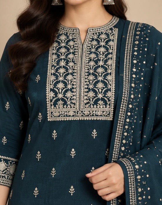 Blue Printed Silk Blend Suit Set for Women