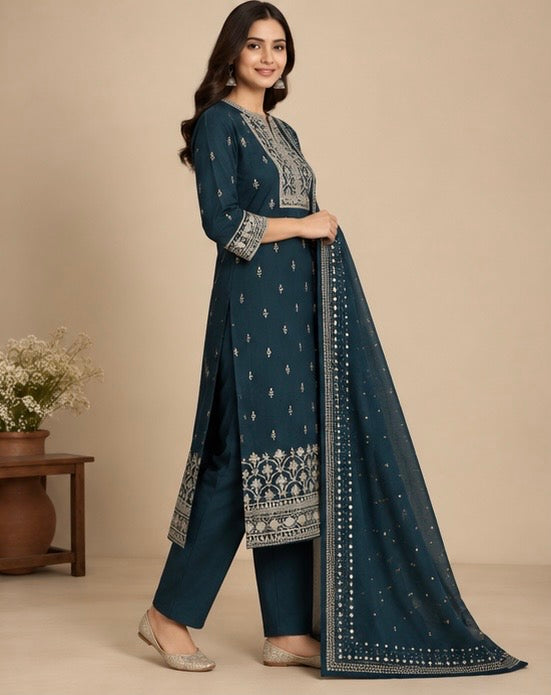 Blue Printed Silk Blend Suit Set for Women