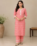 Peach Printed Cotton Blend Kurtee Set