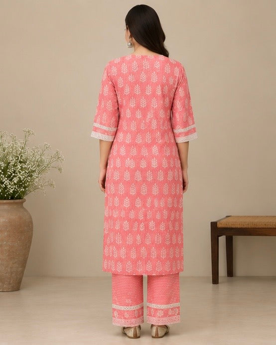 Peach Printed Cotton Blend Kurtee Set