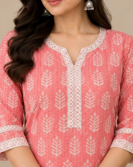 Peach Printed Cotton Blend Kurtee Set