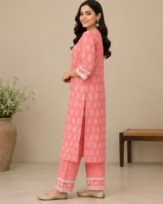 Peach Printed Cotton Blend Kurtee Set