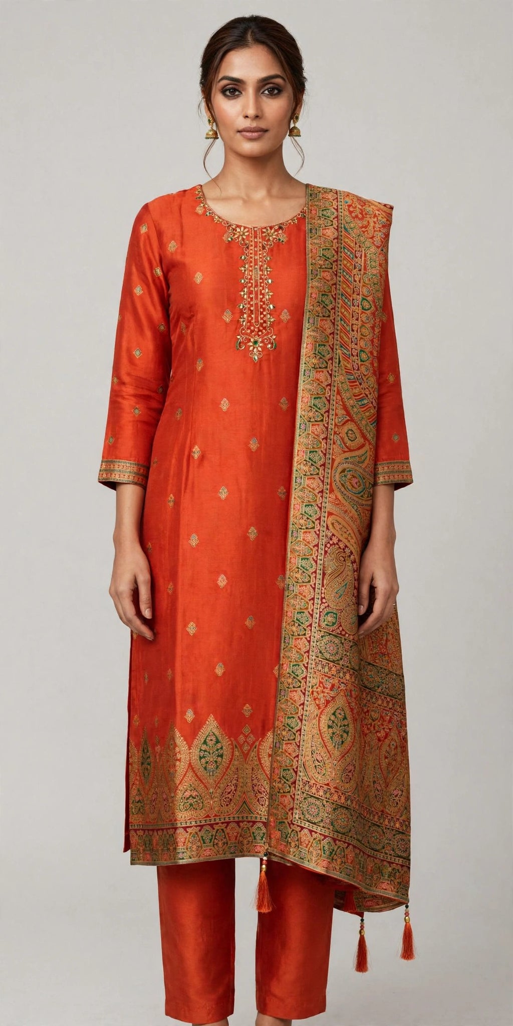 Orange Dola Silk Embroidered Salwar Suit Set