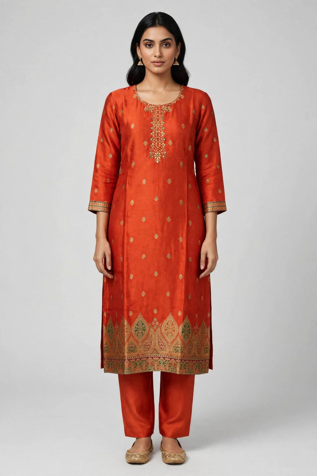 Orange Dola Silk Embroidered Salwar Suit Set