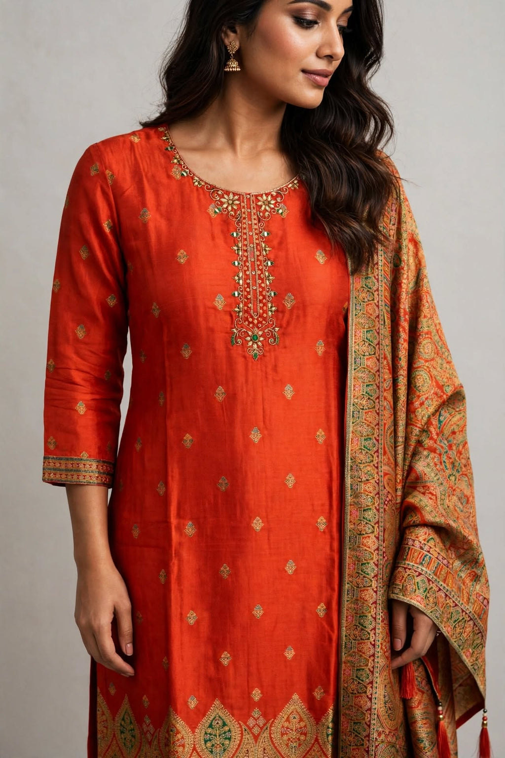 Orange Dola Silk Embroidered Salwar Suit Set
