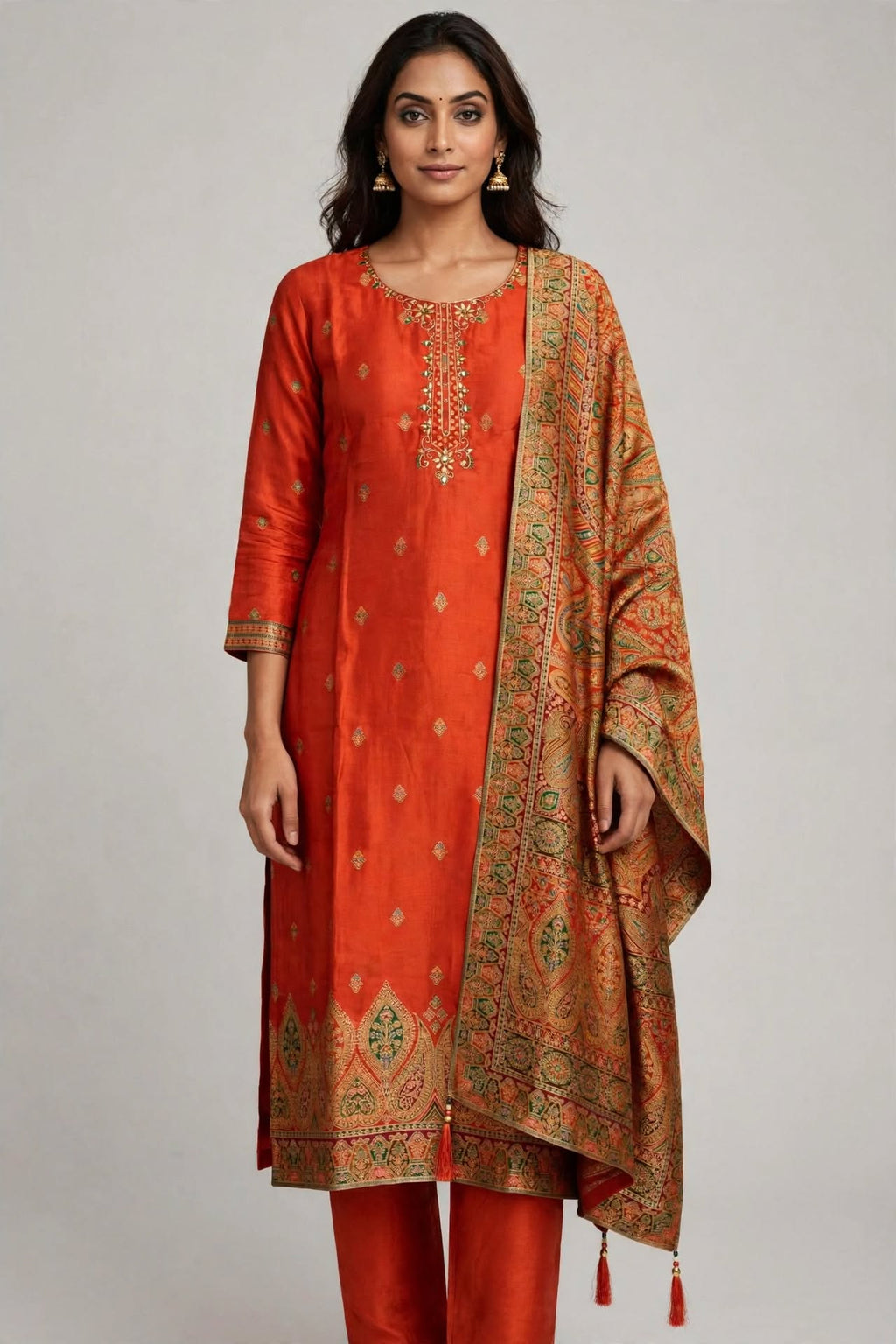 Orange Dola Silk Embroidered Salwar Suit Set