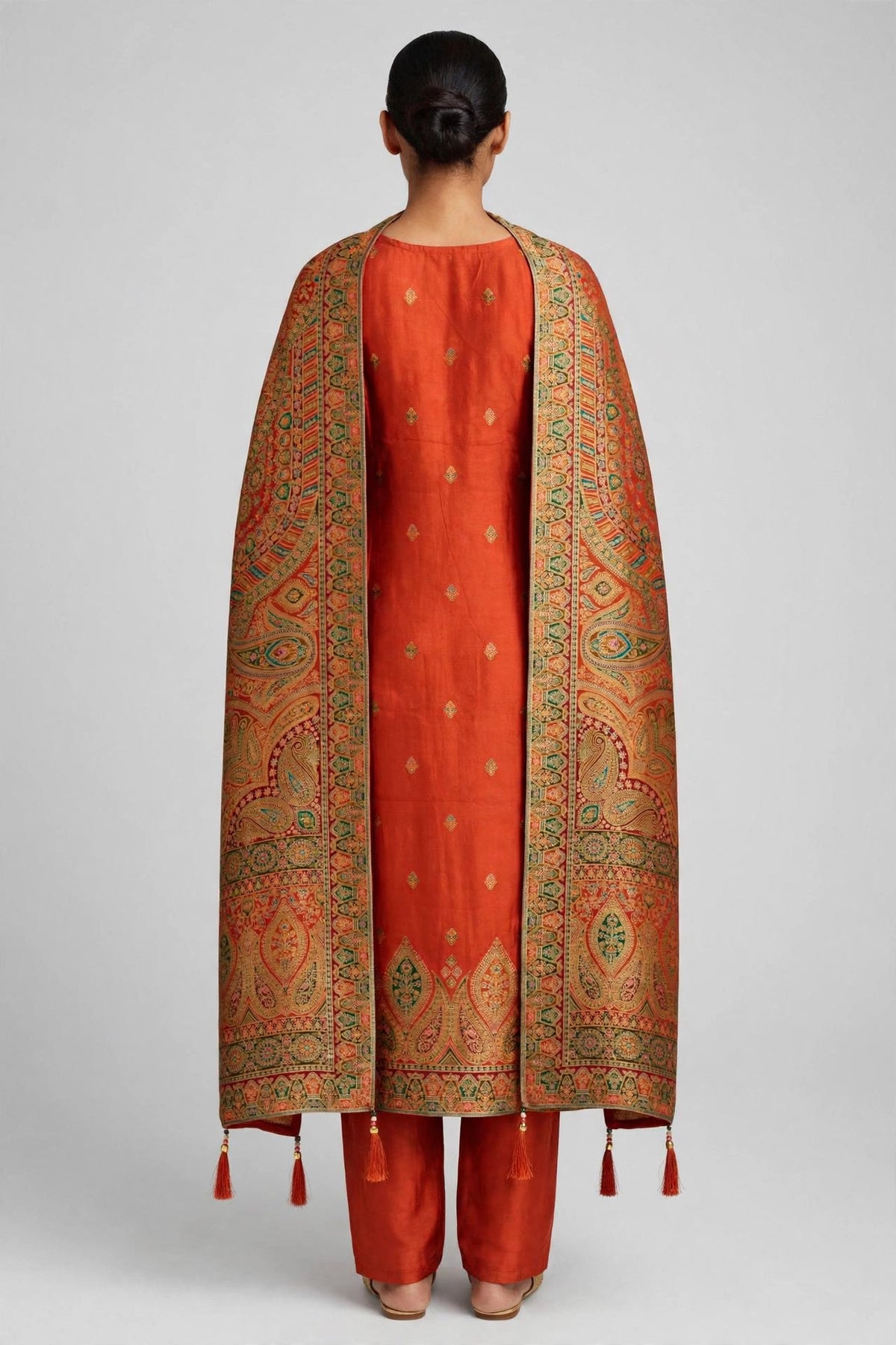 Orange Dola Silk Embroidered Salwar Suit Set