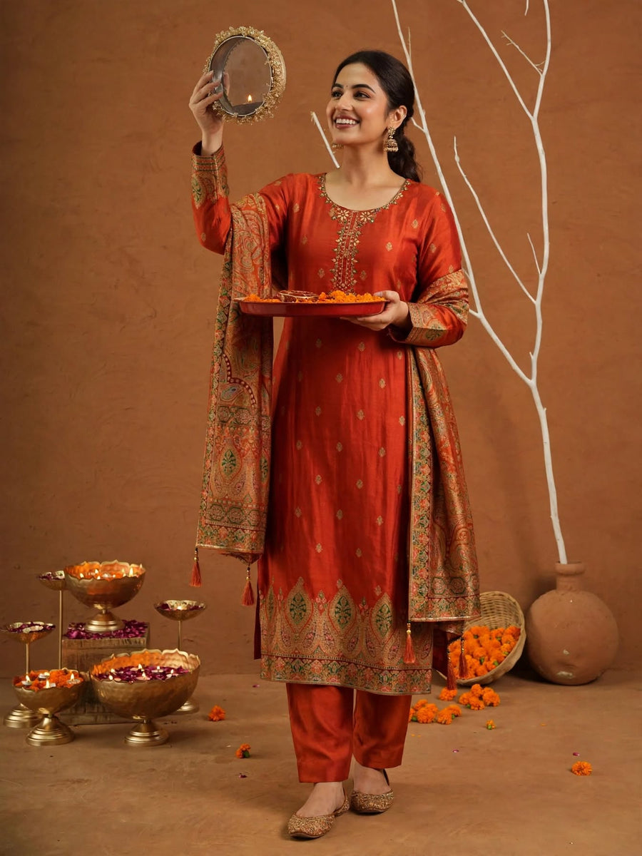 Orange Dola Silk Embroidered Salwar Suit Set