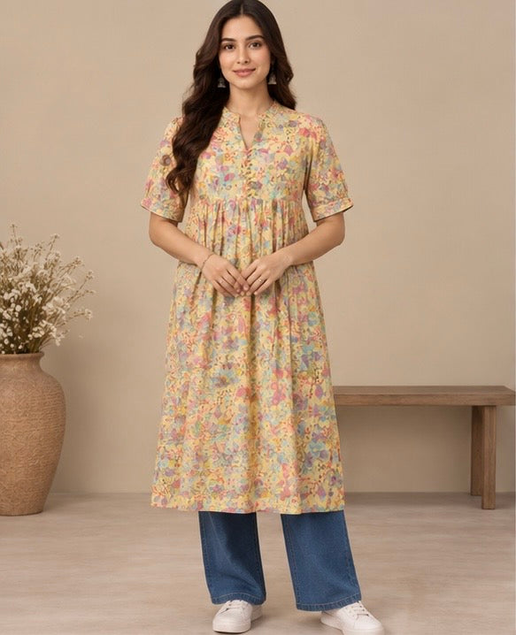 Stylish yellow floral kurti for women front view