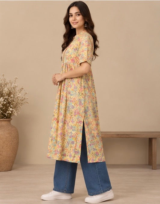 Stylish yellow floral kurti for women with flared fit side view
