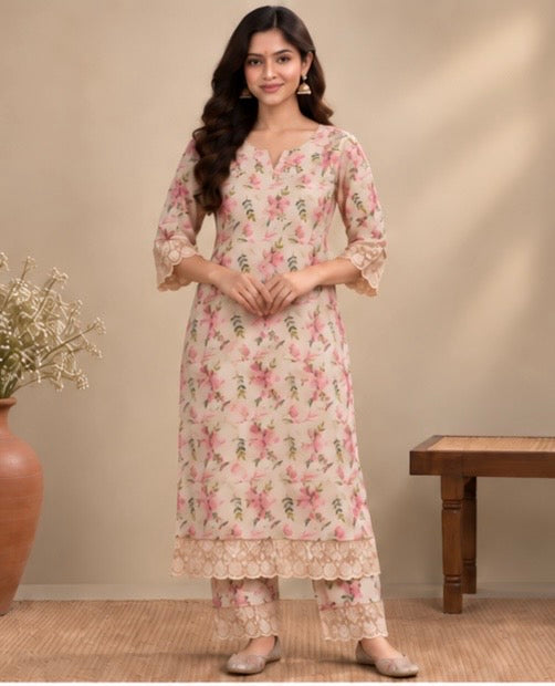 Ivory Floral Printed Cotton Blend Cord Set for Women