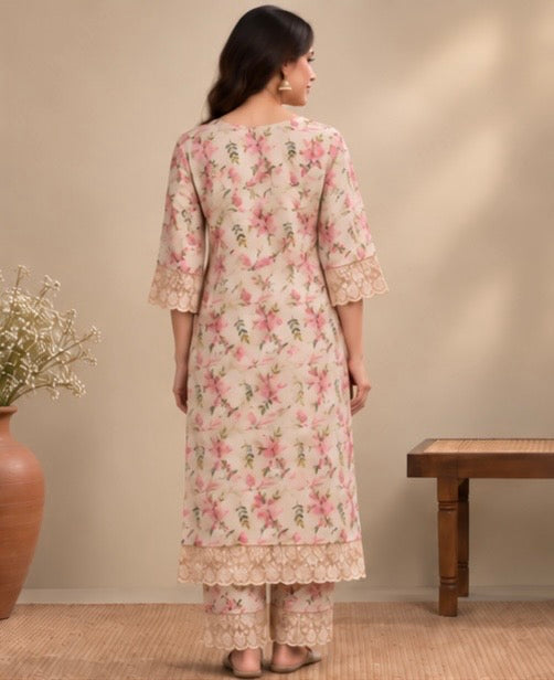 Ivory Floral Printed Cotton Blend Cord Set for Women