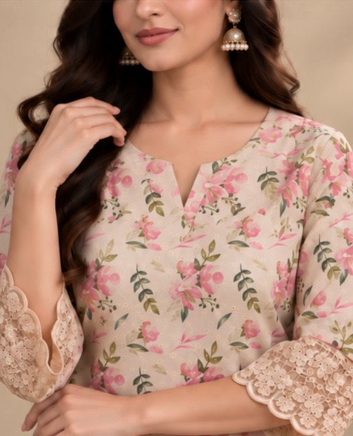 Ivory Floral Printed Cotton Blend Cord Set for Women