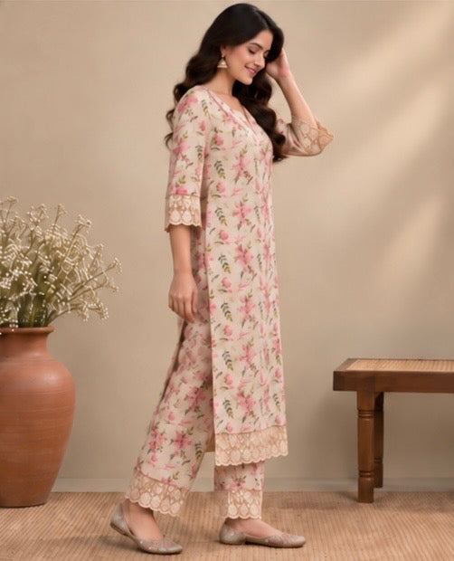 Ivory Floral Printed Cotton Blend Cord Set for Women