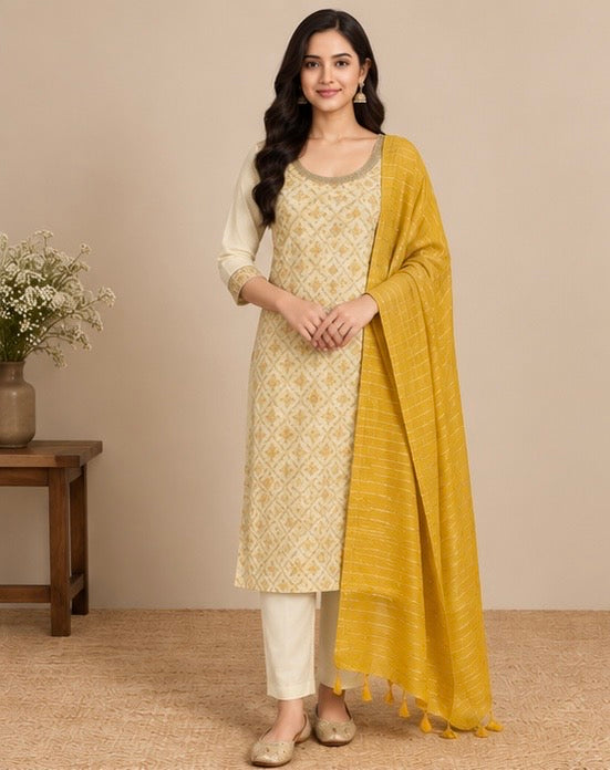Cream Printed Silk Blend SKD Set