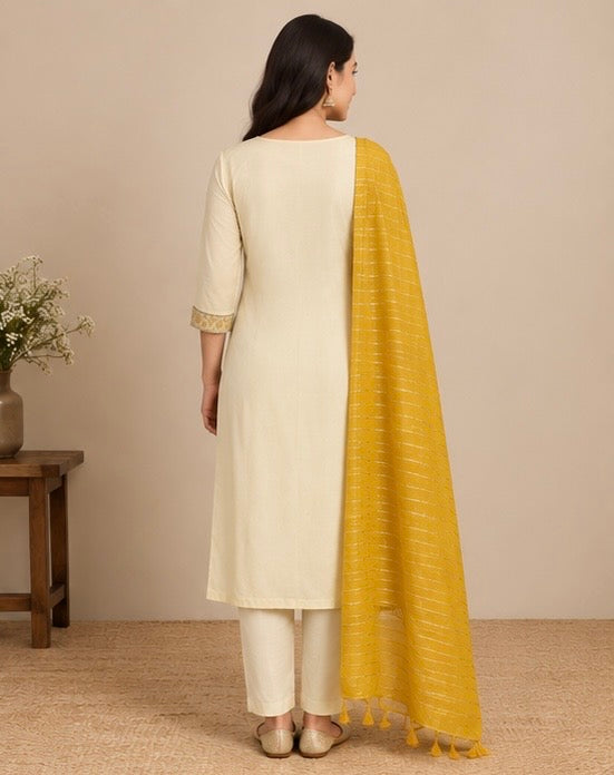 Cream Printed Silk Blend SKD Set