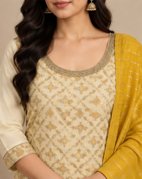 Cream Printed Silk Blend SKD Set