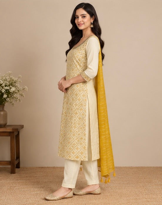 Cream Printed Silk Blend SKD Set