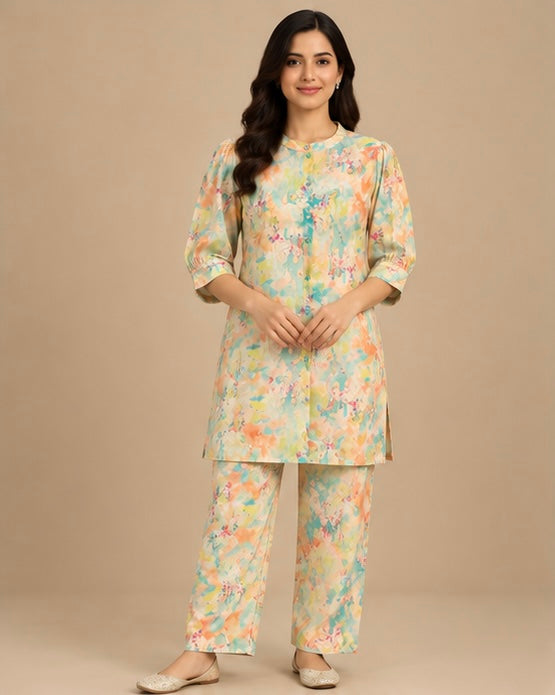 Orange Floral Silk Blend Co-Ord Set for Women