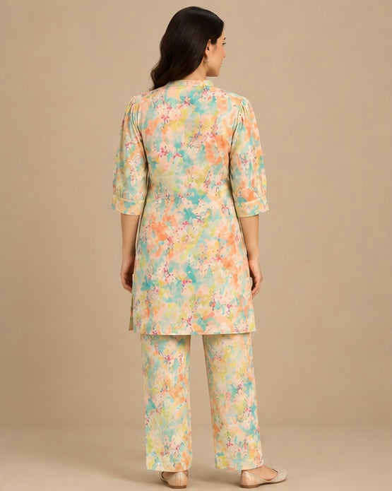 Orange Floral Silk Blend Co-Ord Set for Women