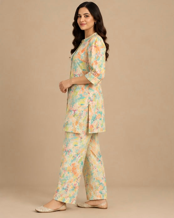 Orange Floral Silk Blend Co-Ord Set for Women