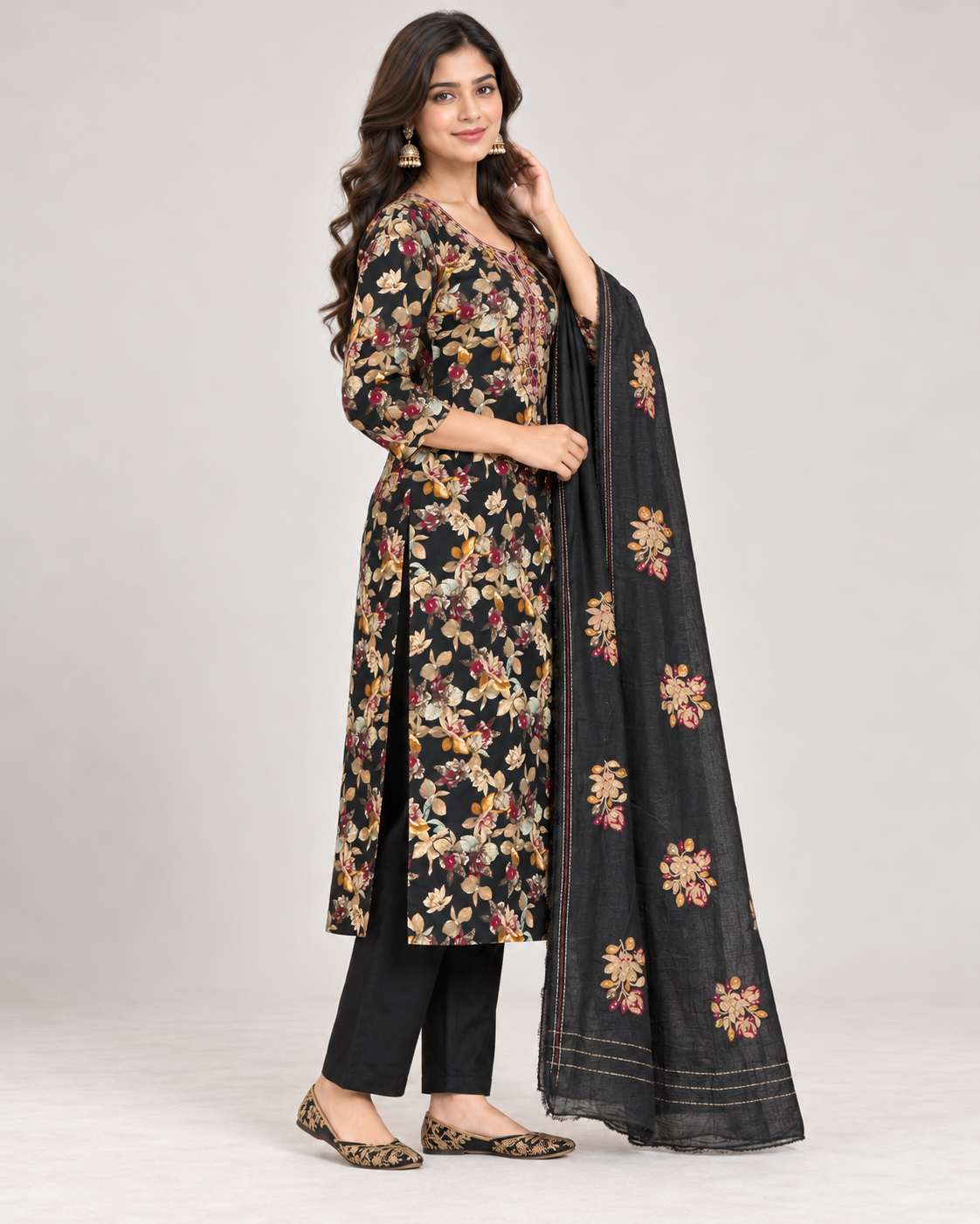 Black Floral Cotton Blend Unstitched Suit Set for Women