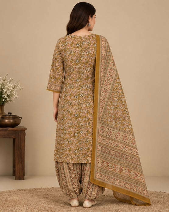 Mustard Printed Cotton Suit Set for Women
