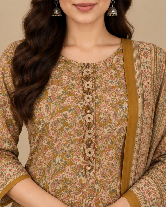 Mustard Printed Cotton Suit Set for Women