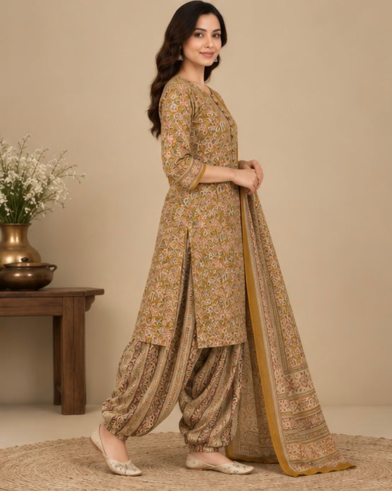 Mustard Printed Cotton Suit Set for Women
