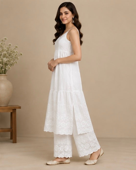 White Cotton Kurta Set with Lace Detailing