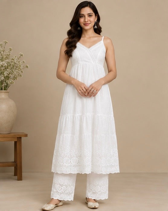 White Cotton Kurta Set with Lace Detailing