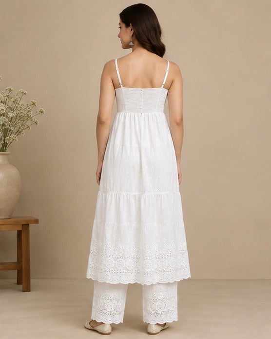 White Cotton Kurta Set with Lace Detailing