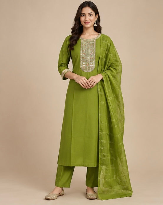 Green Embroidered Silk Blend SKD Set