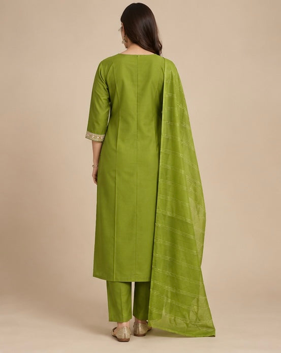 Green Embroidered Silk Blend SKD Set