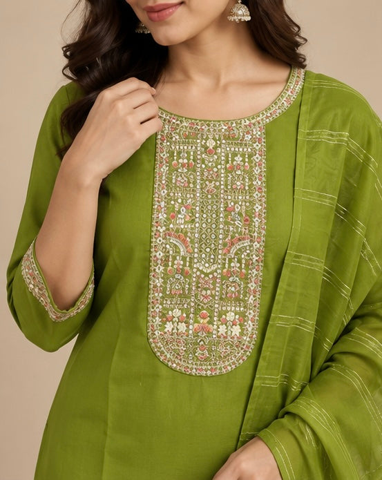 Green Embroidered Silk Blend SKD Set