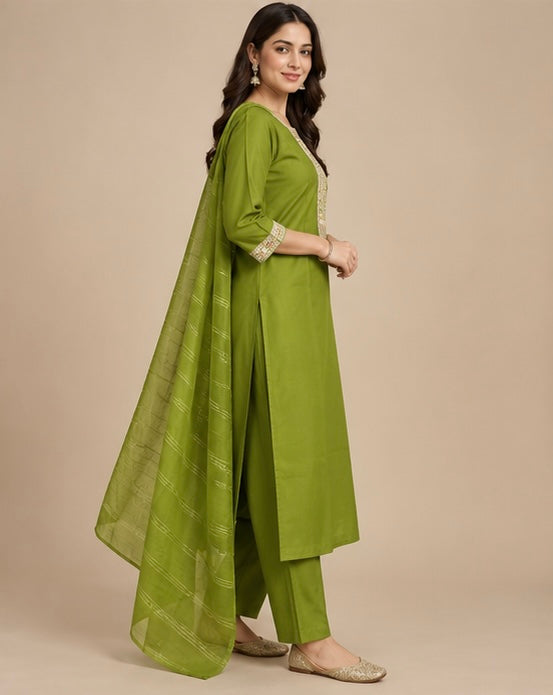 Green Embroidered Silk Blend SKD Set