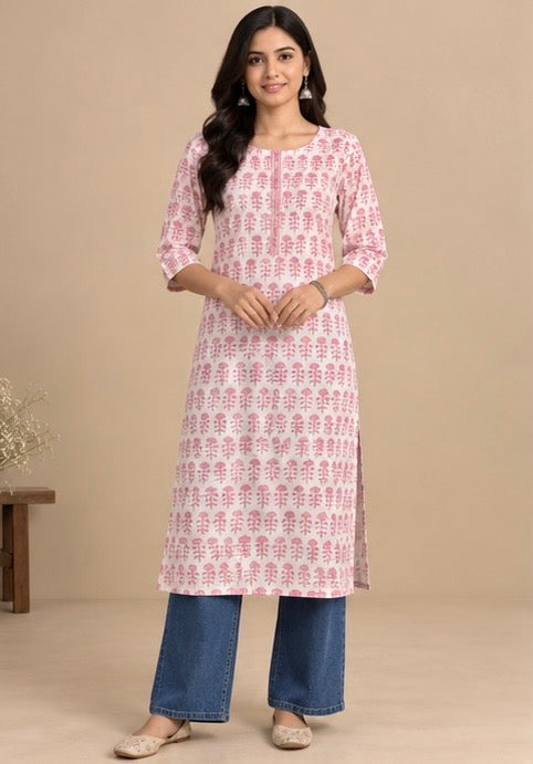 Pink Printed Rayon Kurta for Women