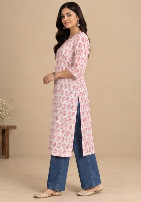 Pink Printed Rayon Kurta for Women