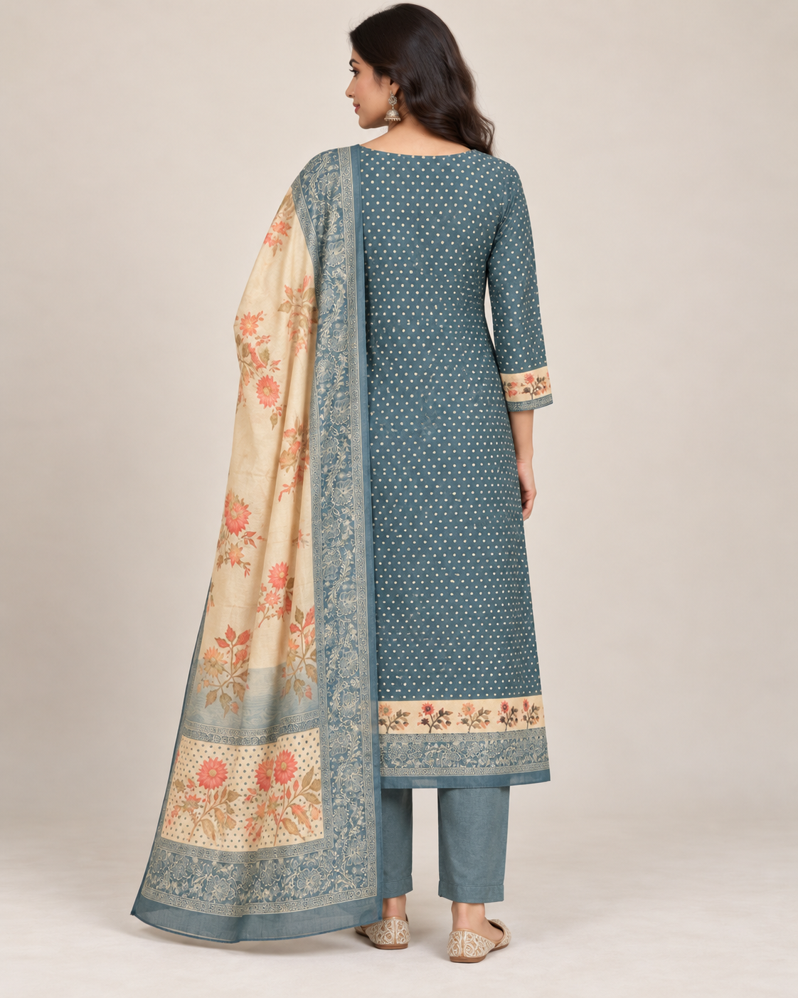 Jet Grey Chanderi Silk Unstitched Dress Material with Floral Printed Dupatta