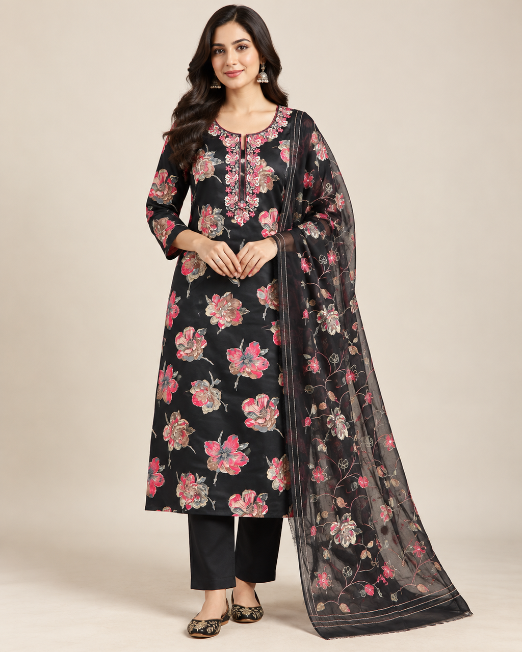 Black Floral Cotton Blend Unstitched Suit Set for Women