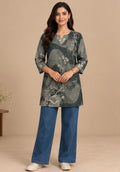 Grey Printed Linen Kurta for Women
