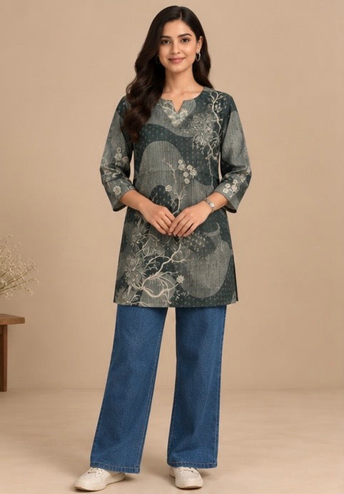 Grey Printed Linen Kurta for Women