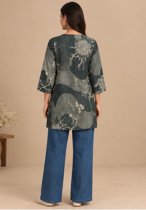 Grey Printed Linen Kurta for Women