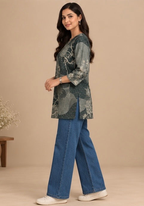 Grey Printed Linen Kurta for Women