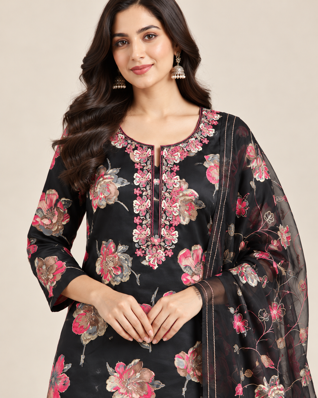 Black Floral Cotton Blend Unstitched Suit Set for Women