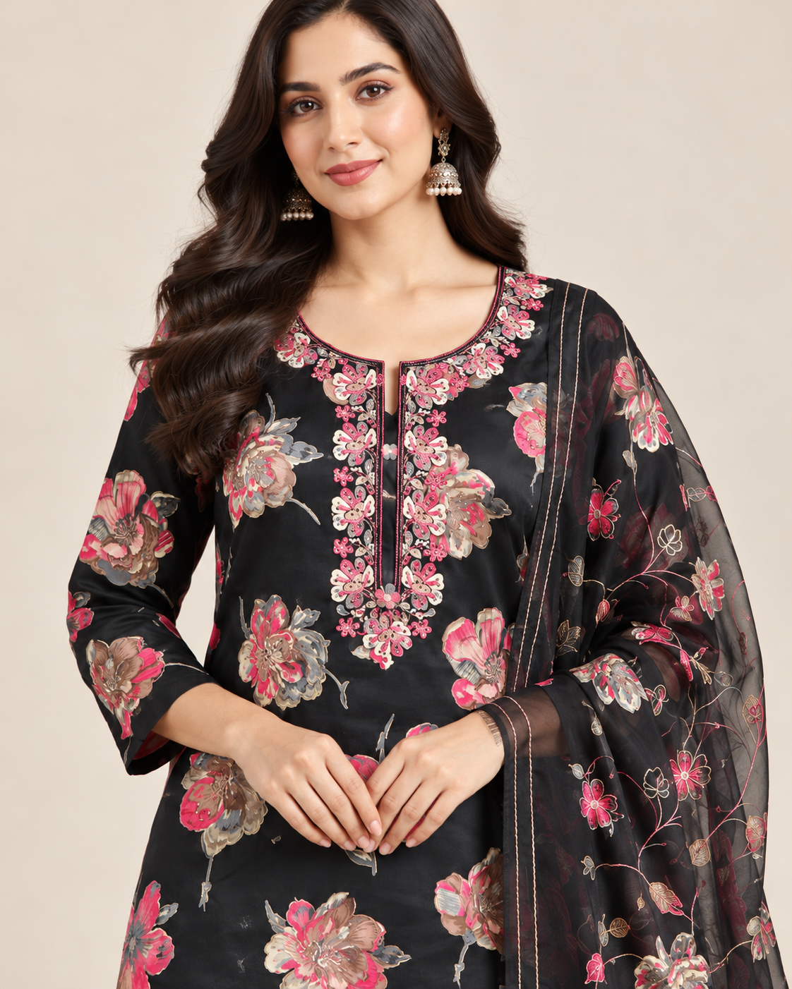 Black Floral Cotton Blend Unstitched Suit Set for Women