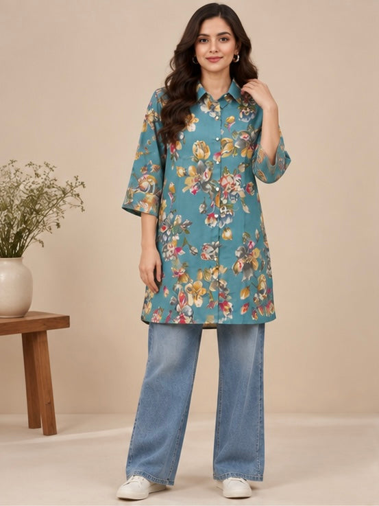 Floral Printed Silk Blend Kurta for Women