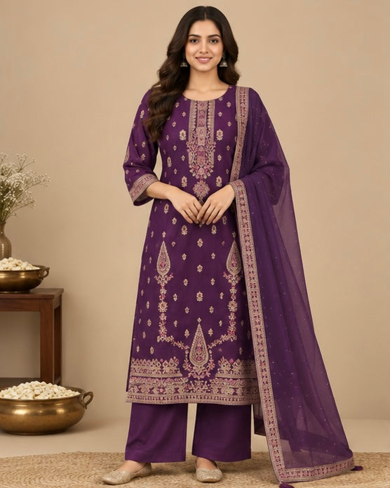 Purple Printed Silk Blend Suit Set for Women
